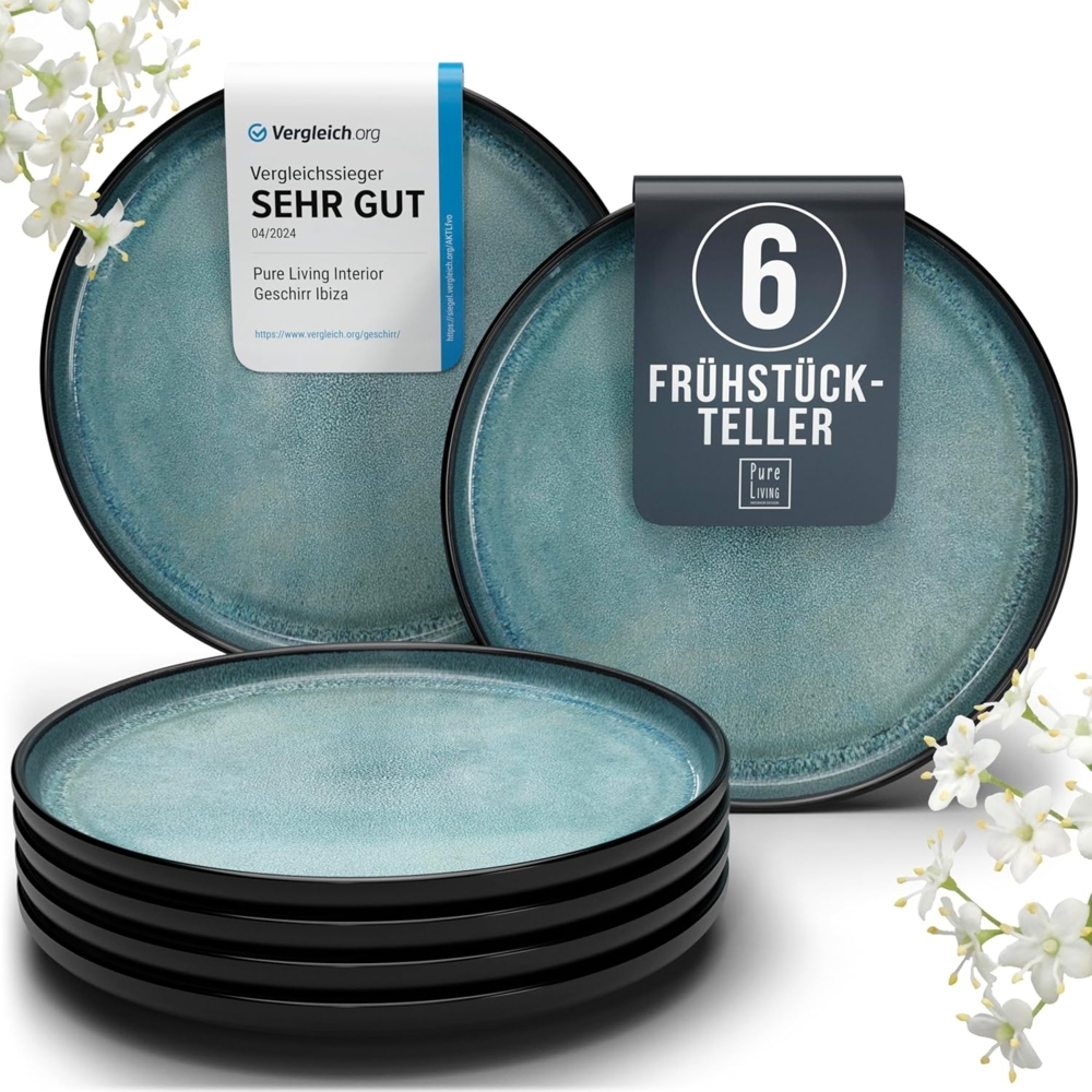 Steingut Frühstücksteller 6 Pers. Ibiza Hochwertiges Mediterranes TEST SEHR GUT Dessertteller Set - Kuchenteller spülmaschinen- und kratzfest - Kleine Teller, Salatteller Pure Living in Petrol Bild 1