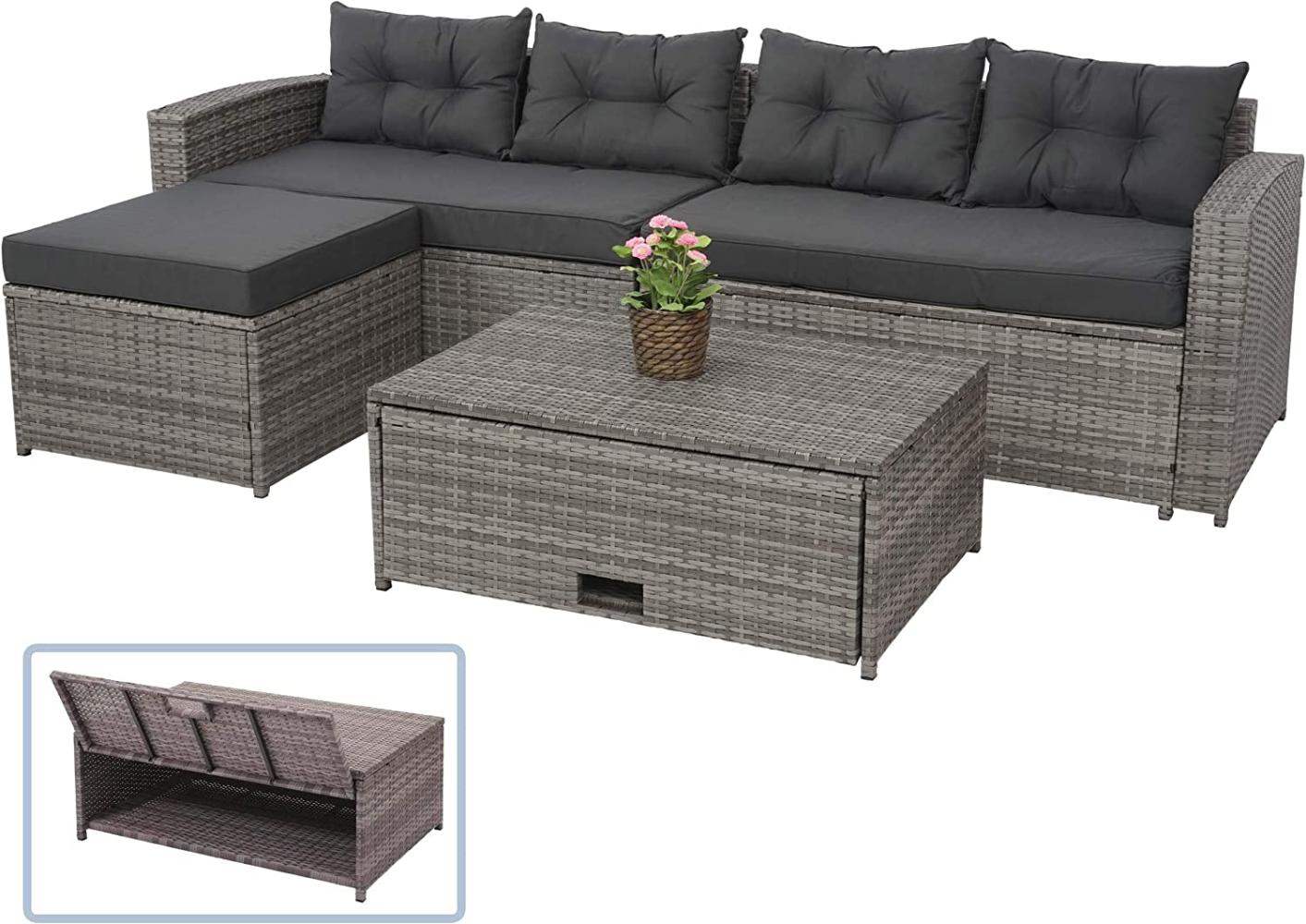 Poly-Rattan Garnitur HWC-J34, Balkon-/Garten-/Lounge-Set Sitzgruppe Sofa, Staufach ~ grau, Kissen dunkelgrau Bild 1