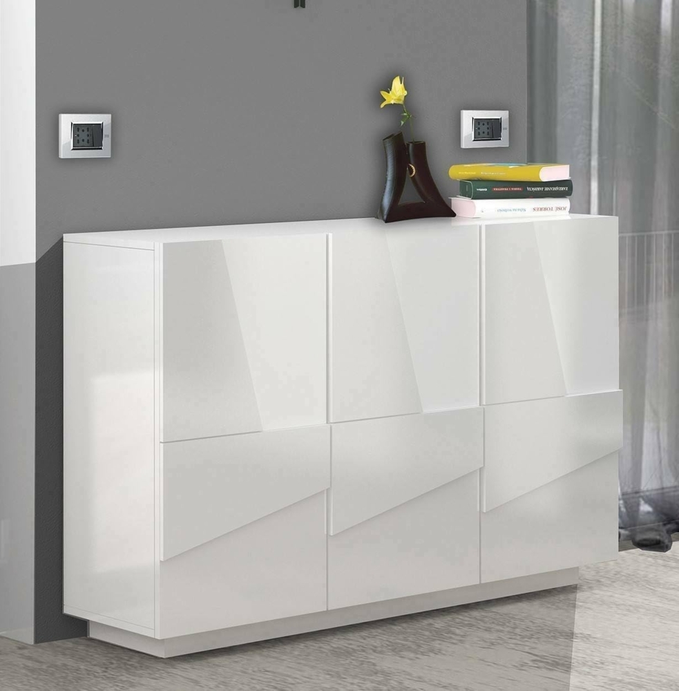 Dmora - Kommode Elia, Multifunktions-Wohnzimmer-Buffet, 3-türiges Wohnzimmer-Sideboard, 100 % Made in Italy, 121 x 38 x 86 cm, glänzendes Weiß, Bild 1