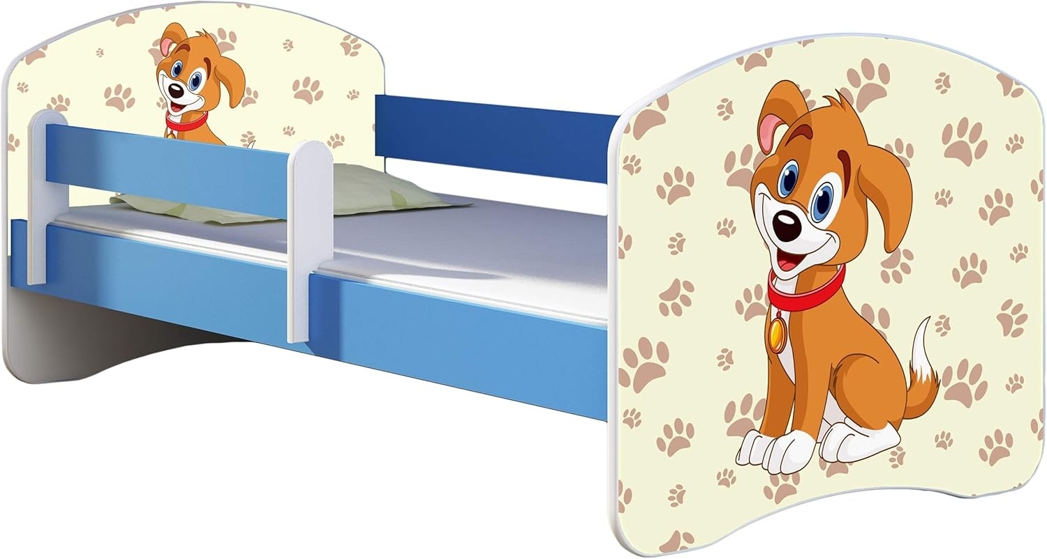 ACMA Kinderbett Jugendbett mit Einer Schublade und Matratze Blau mit Rausfallschutz Lattenrost II 140x70 160x80 180x80 (11 Welpe, 160x80) Bild 1
