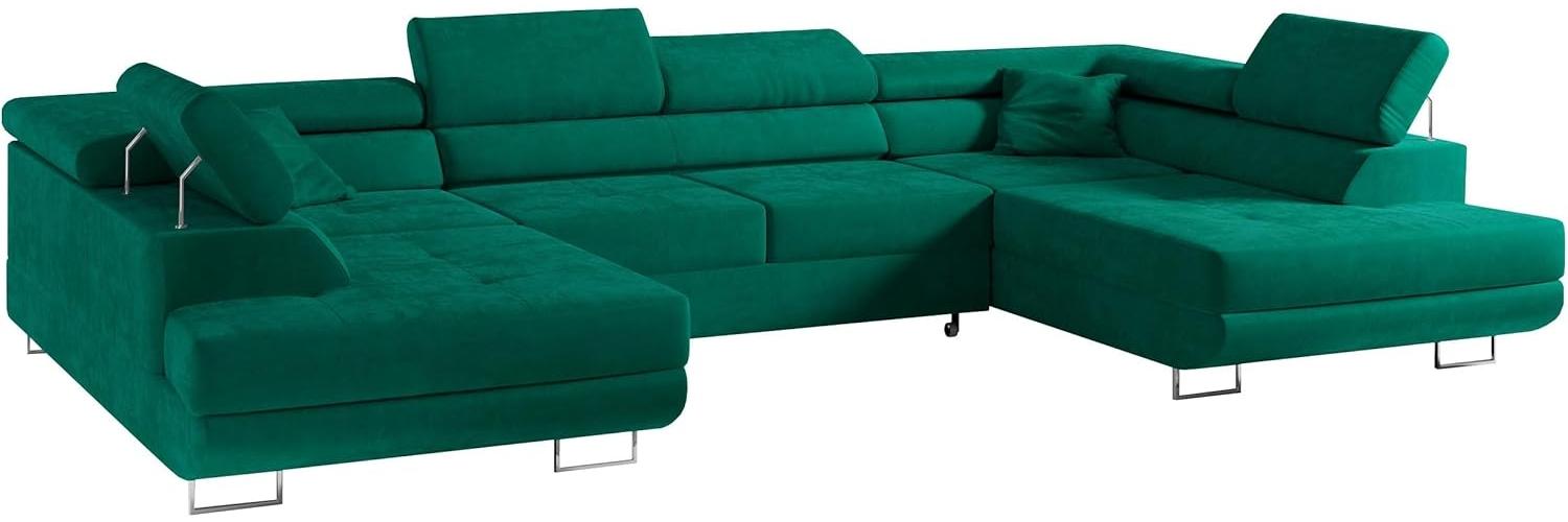 Ecksofa, Wohnzimmer U Couch, Polstersofa mit Bettkasten - GUSTAW-U - Grün Velours Bild 1