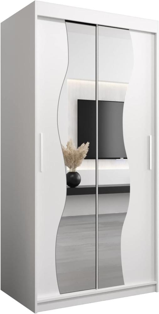 KRYSPOL Schwebetürenschrank Madryt 100 cm mit Spiegel Kleiderschrank mit Kleiderstange und Einlegeboden Schlafzimmer- Wohnzimmerschrank Schiebetüren Modern Design (Weiß) Bild 1