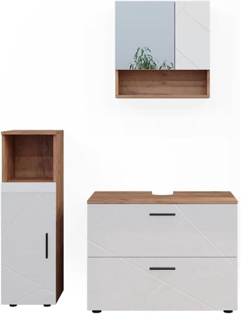 Vicco Badmöbelset Irma Eiche Weiß Hochglanz modern Badezimmerschrank Badschrank Badezimmermöbel Waschtischunterschrank Spiegelschrank Midischrank Schrankschublade Schranktür Schrankfach Bild 1