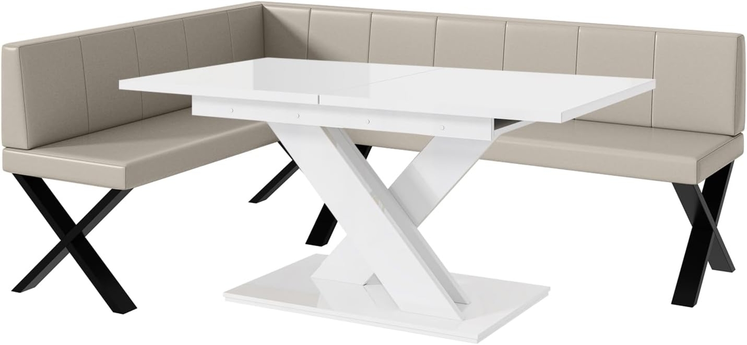 MEBLINI Eckbank für Esszimmer mit ausziehbarem Tisch - Küchenbank - Essecke - Sitzecke Küche - PETER - X-Beine 142x196x87cm Links - Beige Kunstleder/B Weiß Hochgl. Bild 1