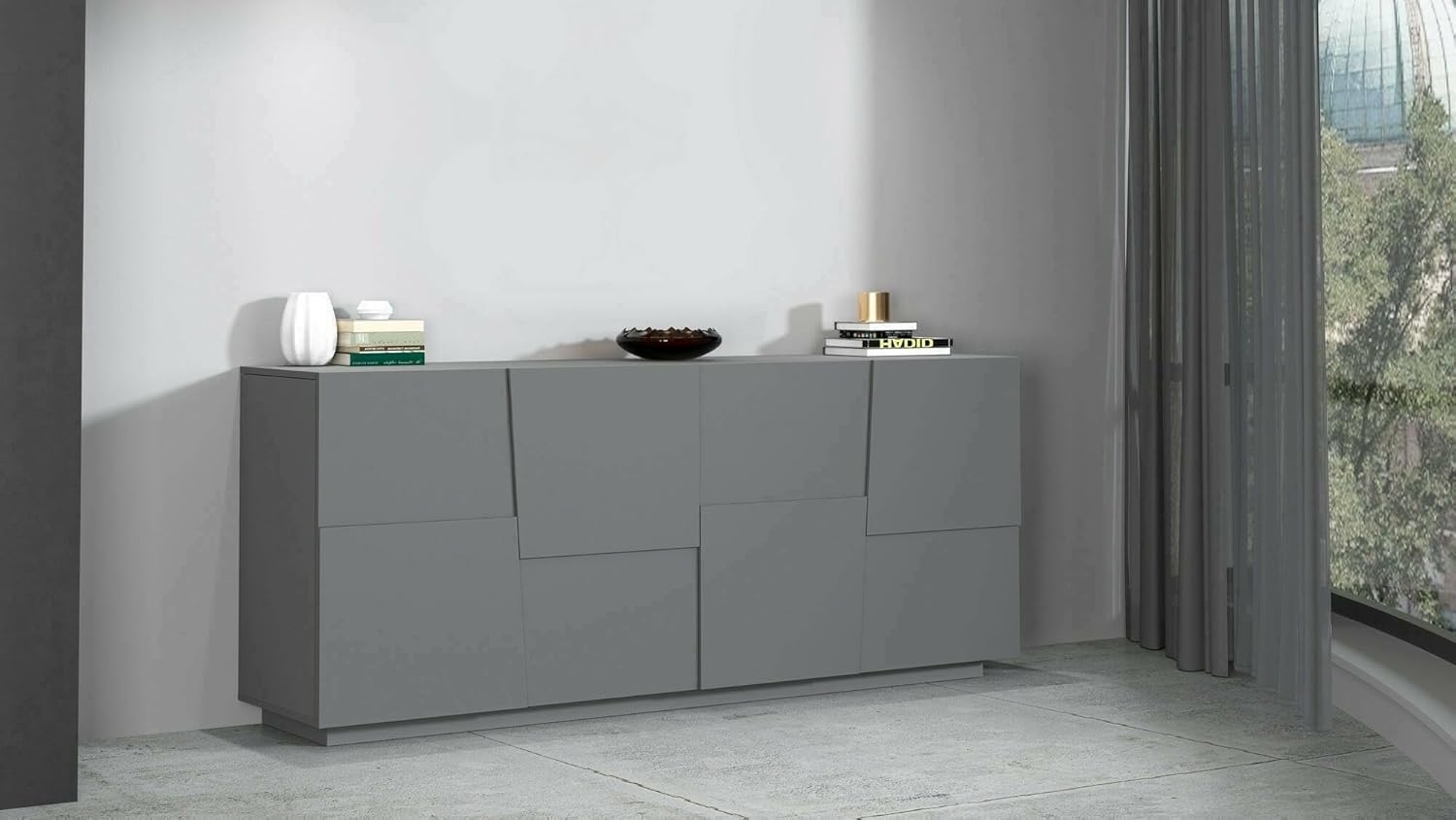 Dmora - Kommode Yago, Wohnzimmer-Buffet, modernes Wohnzimmer-Kommode mit 4 Türen, 200 x 44 x 86 cm, Anthrazit Bild 1