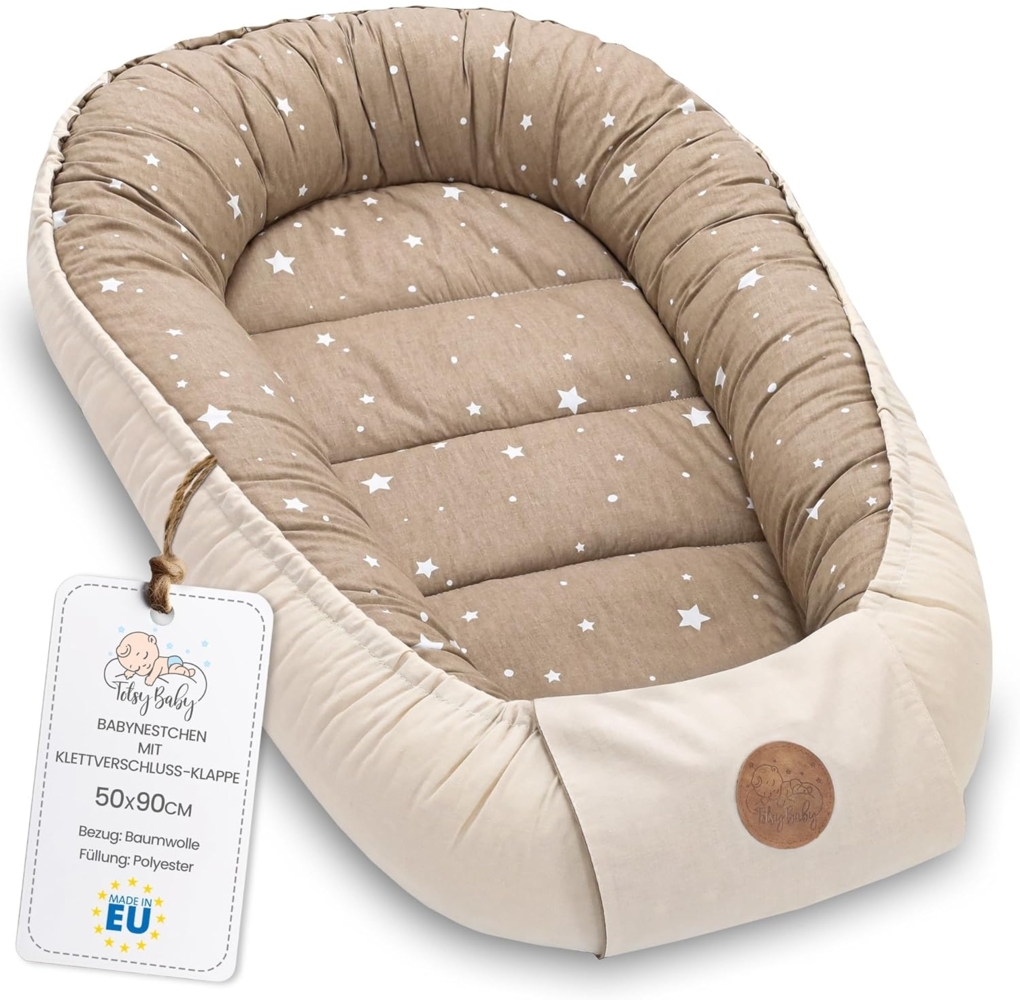 Babynest babynestchen neugeborene mit tragegriff 90x50 cm baby nestchen tragbar nest für bett kinder kuschelnest coccon für Jungen und Mädchen Beige mit Weiß Sternen Bild 1