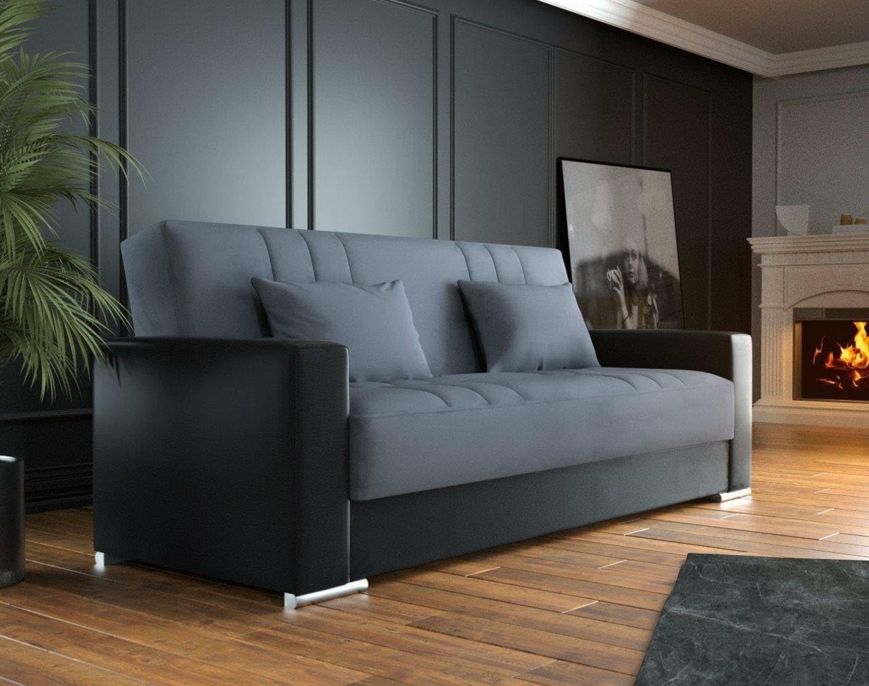 Dmora - 3-Sitzer Schlafsofa Sergio, Sofa mit Stauraum aus Öko-Leder und Stoff, Sofa mit Klick-Klack-Öffnung und 2 Kissen, 230 x 96 x 101 cm, Schwarz und Grau Bild 1