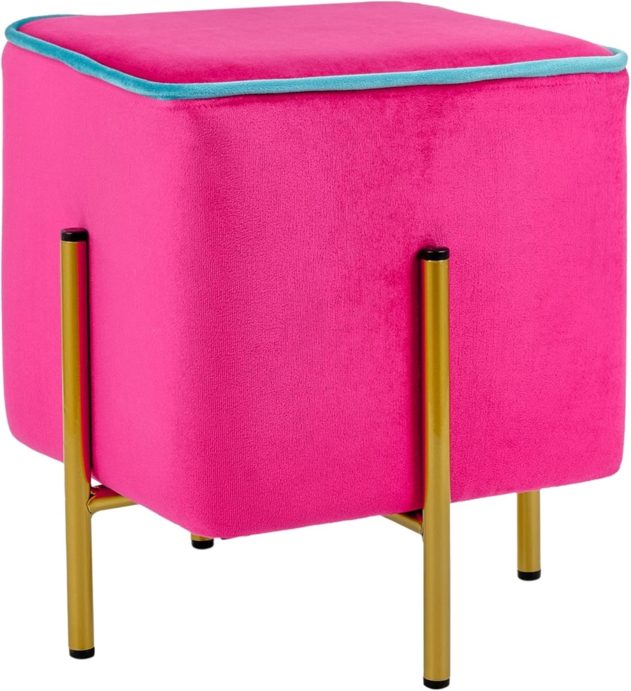 Baroni Home Quadratischer Samt-Fußhocker, gepolsterter Pouf für das Wohnzimmer, Ottomane für das Schlafzimmer, Fuchsia mit türkisem Rand, 33 x 33 x 38 cm Bild 1