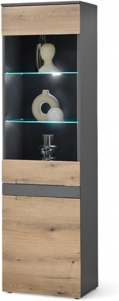 Stella Trading Taylor Vitrine in Anthrazit, Evoke Eiche Optik - Moderner Vitrinenschrank mit LED-Beleuchtung und viel Stauraum - 55 x 192 x 38 cm (B/H/T) Bild 1