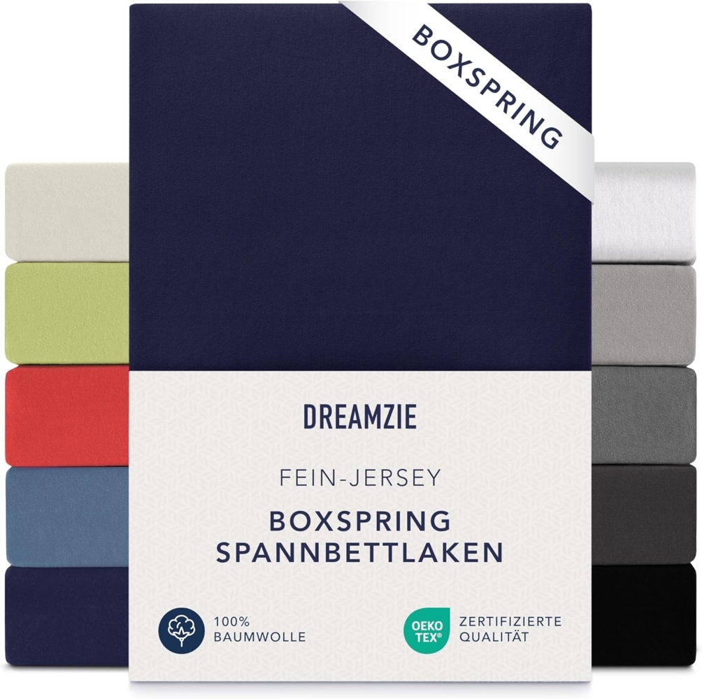 Dreamzie Premium Spannbettlaken 180x200 cm - 200x200 cm - 37cm Seitenhöhe - auch für Boxspringbett & Wasserbett - Bettlaken Boxspringbett 100% Jersey Baumwolle, 150 g/m² - Oeko-TEX - Dunkelblau Bild 1