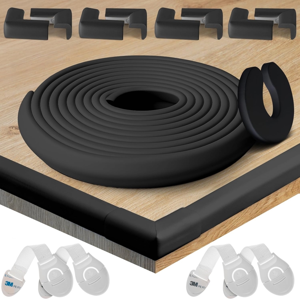 HAPPY CHLEA® Kantenschutz Baby und 8 Eckenschutz aus Schaumstoff. Tischkantenschutz und Eckenschützer: 6,4 M gesamt für Tisch und Möbel Ecken. Türstopper, 4 Schubladensicherung. Zertifikat (Schwarz) Bild 1
