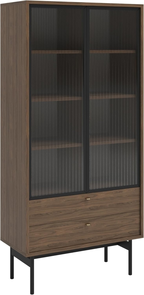 Selsey Vitrine Glas Vitrinenschrank Glasvitrine Wohnzimmer Glastür Hoch 85 cm 2 Schubladen 4 Fächer Carini Walnuss Olar Bild 1