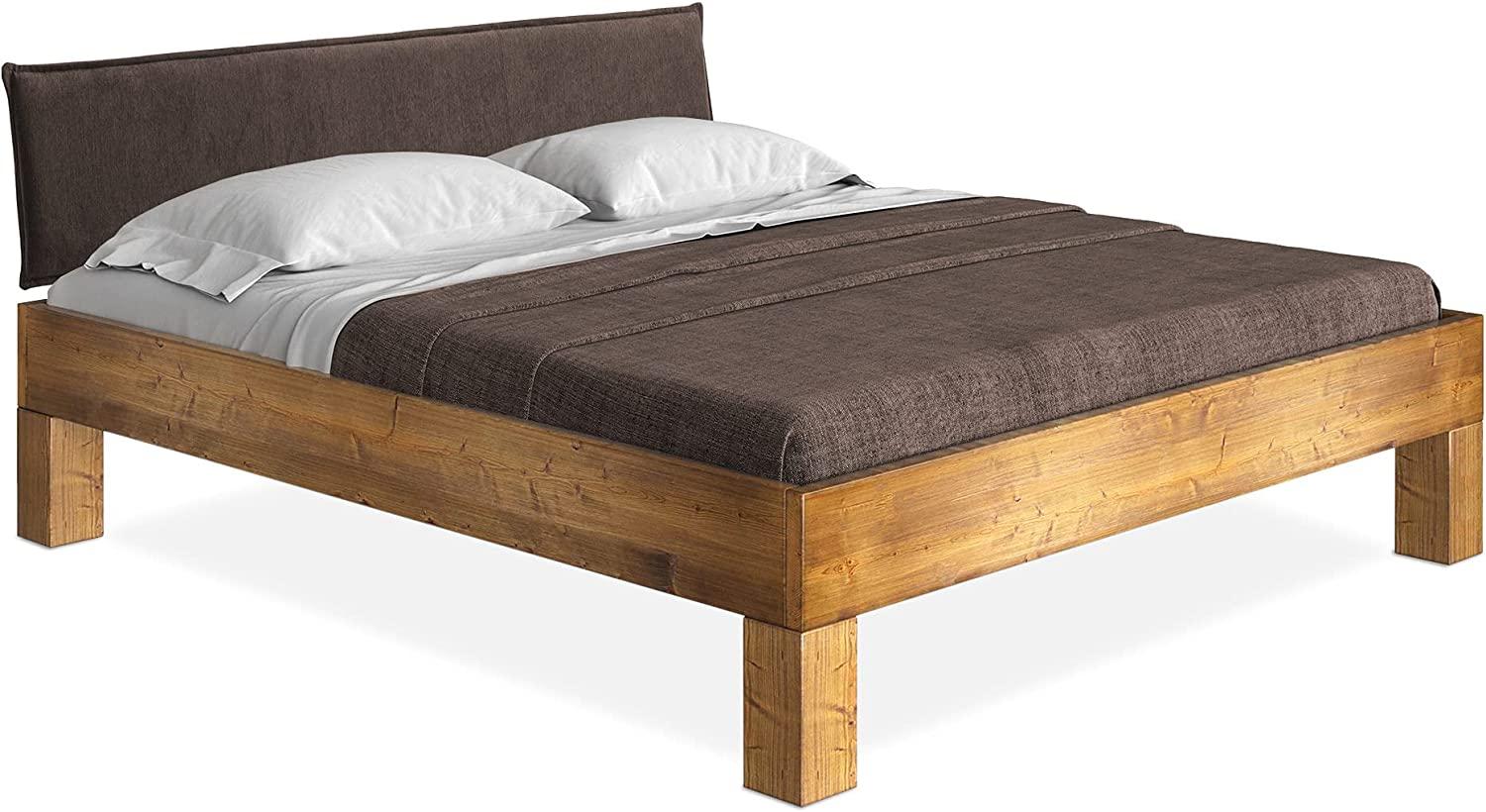 Möbel-Eins CURBY 4-Fuß-Bett mit Polster-Kopfteil, Material Massivholz, rustikale Altholzoptik, Fichte vintage 120x220 cm Standardhöhe Stoff Braun ohne Steppung Bild 1