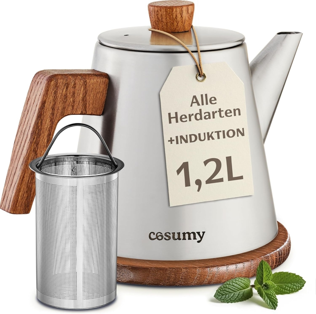 Cosumy Teekanne mit Siebeinsatz und Untersetzer - Edelstahl & FSC Holz - Induktion, 1,2 l, (Set, 1-St, Teekanne mit Siebeinsatz und Untersetzer), Kanne mit Sieb für Tee - Induktion - Tropffrei - Hält lange warm Bild 1