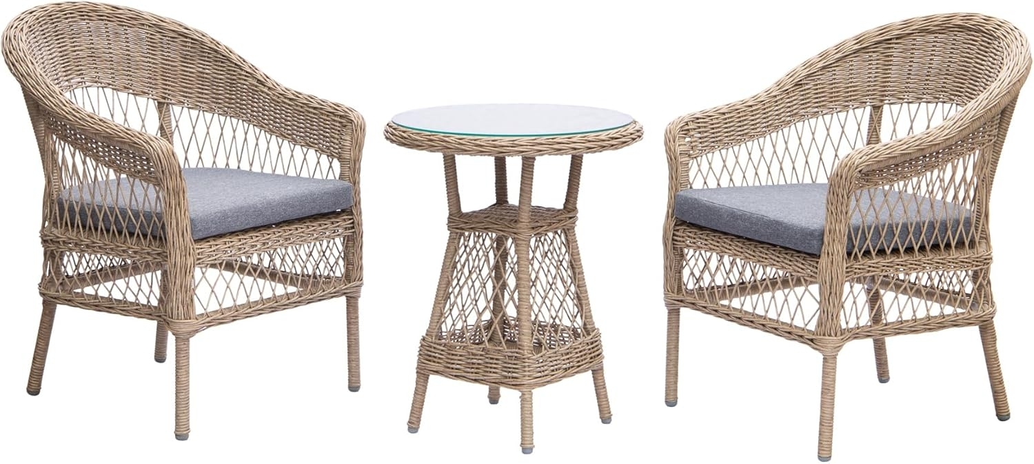 riess-ambiente Balkonset ELYSEE natur / grau Aluminium Polyrattan · Outdoor-Set für 2 Personen, (Set, 3-tlg), 2 Stühle & 1 Glastisch mit Kissen · witterungsbeständig · 2 Personen Bild 1