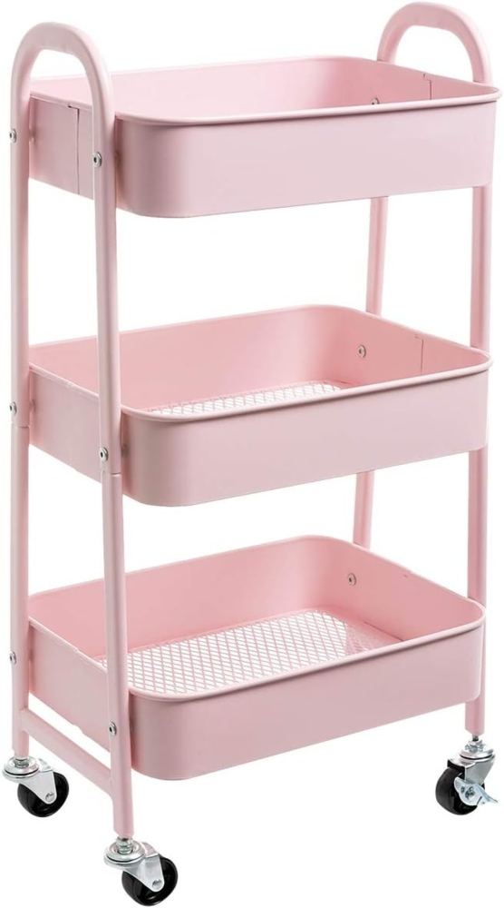 DOEWORKS Rollwagen Metall Servierwagen mit Rollen 3 Etagen Küchenwagen Bastelwagen Rollwagen Küche Aufbewahrungswagen für Wohnzimmer Schlafzimmer Badezimmer Büro, Rosa Bild 1