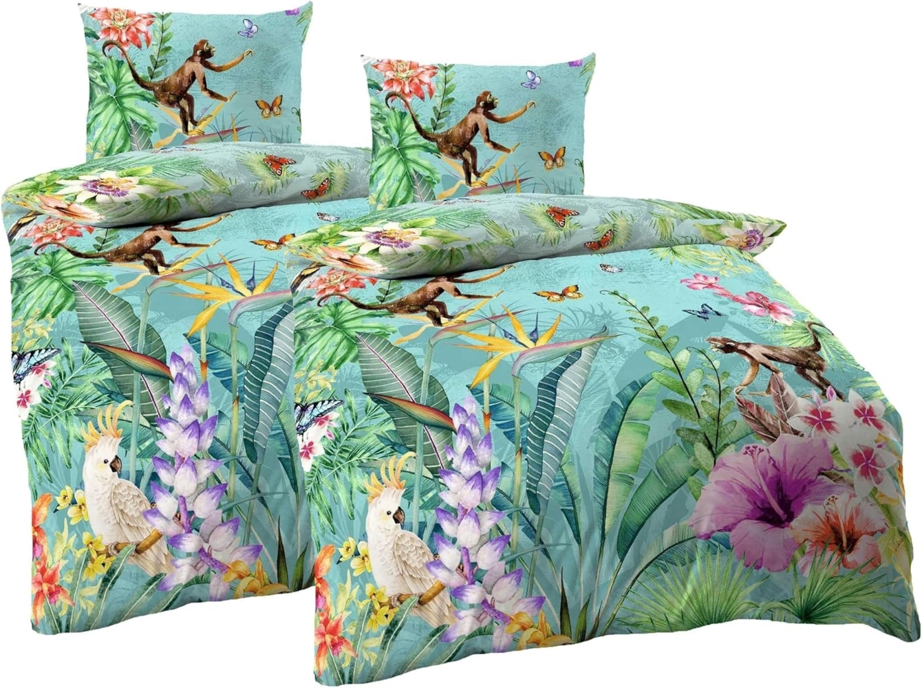 JACK Bettwäsche JACK by Kaeppel Mako Satin 4tlg. Digitaldruck Bettwäsche Äffchen Bunt, Mako-Satin, 4 teilig, Partnerbettwäsche, freundliches Urwaldmotiv Bild 1