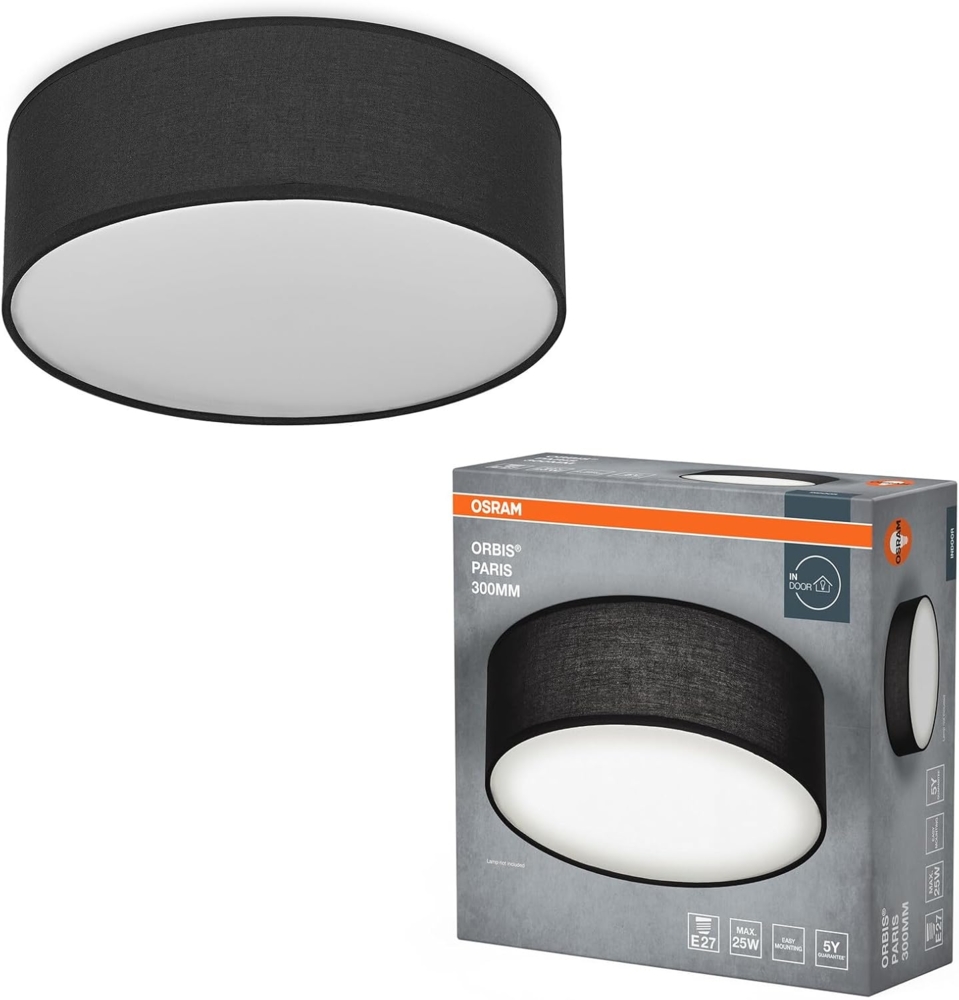 Osram ORBIS PARIS Deckenleuchte 300mm, schwarz, E27-Sockel, kann mit smarter Lampe bestückt werden, hochwertiges, modernes Design, mit Stoffschirm, geeignet für Innenräume, rund, IP20 Schutzklasse Bild 1