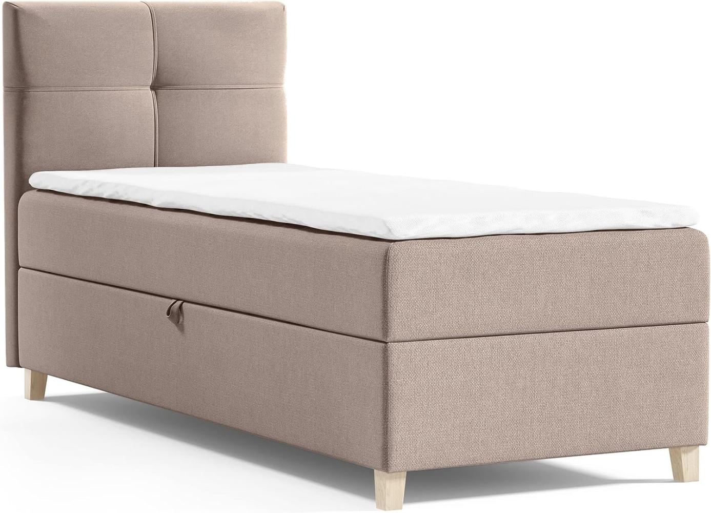 Boxspringbett Candy Mini mit Bettkasten und Topper - Einzelbett mit Bonell-Matratze und Topper, Bett mit Holzfüße, Jugendbett, Kinderbett (Beige (Soro 23), 90x200 cm) Bild 1