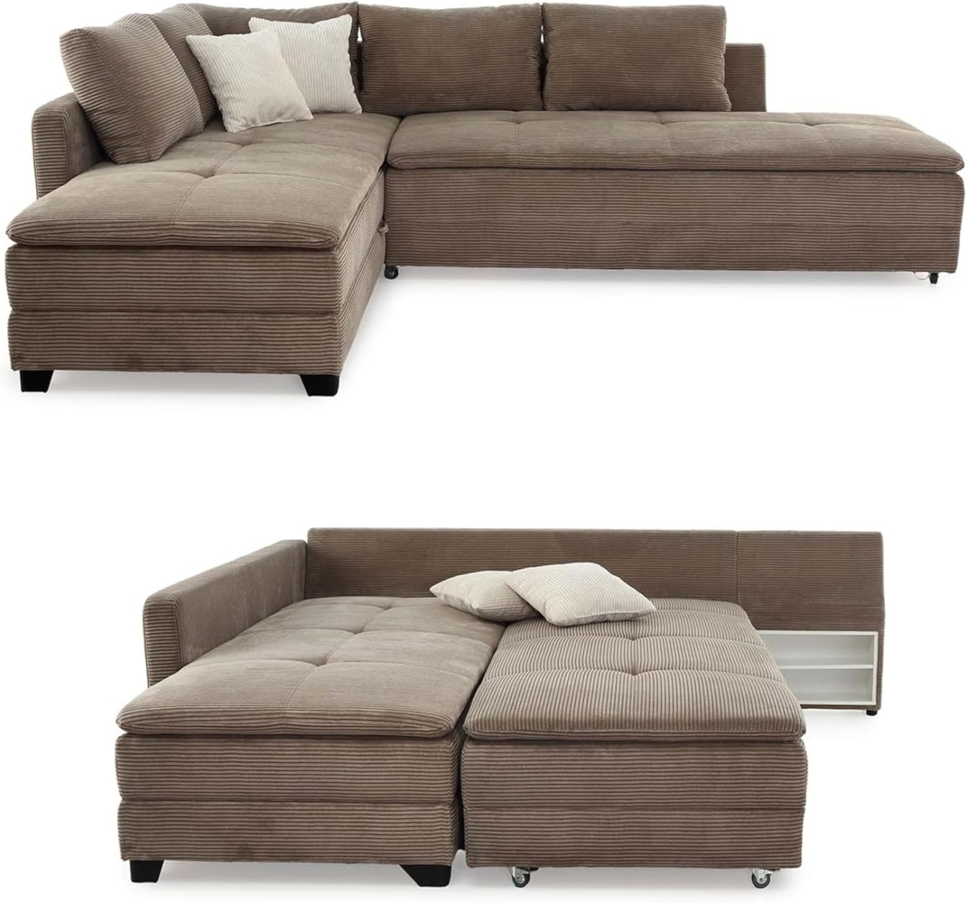 luma-home Ecksofa 15162, Dauerschläfer-Doppelbett 306x223 cm, Schwenkteil L/R, Bettkasten, Nachtkonsole, Boxspring,Federkern,Wellenunterfederung,Topper, Bezug Cord Braun Taupe Bild 1