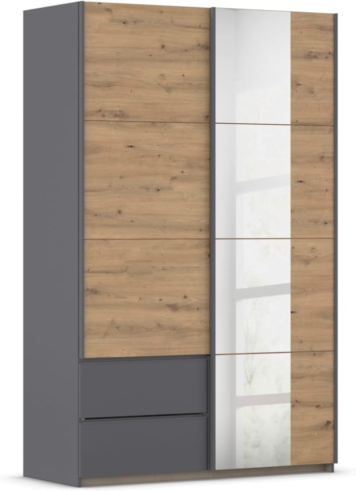 Rauch Möbel Stoke, Schwebetürenschrank, Kleiderschrank, Schrank, Garderobe, 2-türig, 1 Spiegel, 2 Schubladen, Farbe Eiche Artisan/Grau metallic, Holz, Schwarz, Griffleisten Grau metallic, 131 x 210 x 59 cm Bild 1