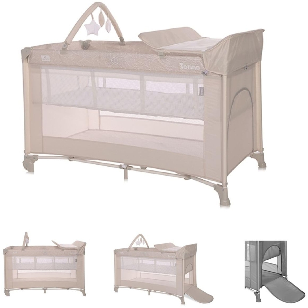 Lorelli Reisebett Torino plus 2 Ebenen Wickelauflage Spielbogen Räder faltbar hellbraun Bild 1