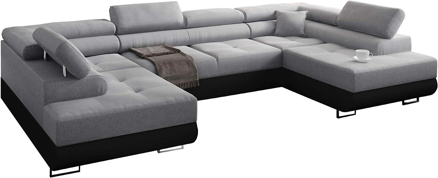 Wohnlandschaft Miami U mit Schlaffunktion, Eckcouch mit Bettkasten, U Form Couch, Ecksofa mit Bettkasten, Sofagarnitur mit Schalffunktion, 338 x 203 cm (Hellgrau + Schwarzer Kunstleder -EKO) Bild 1