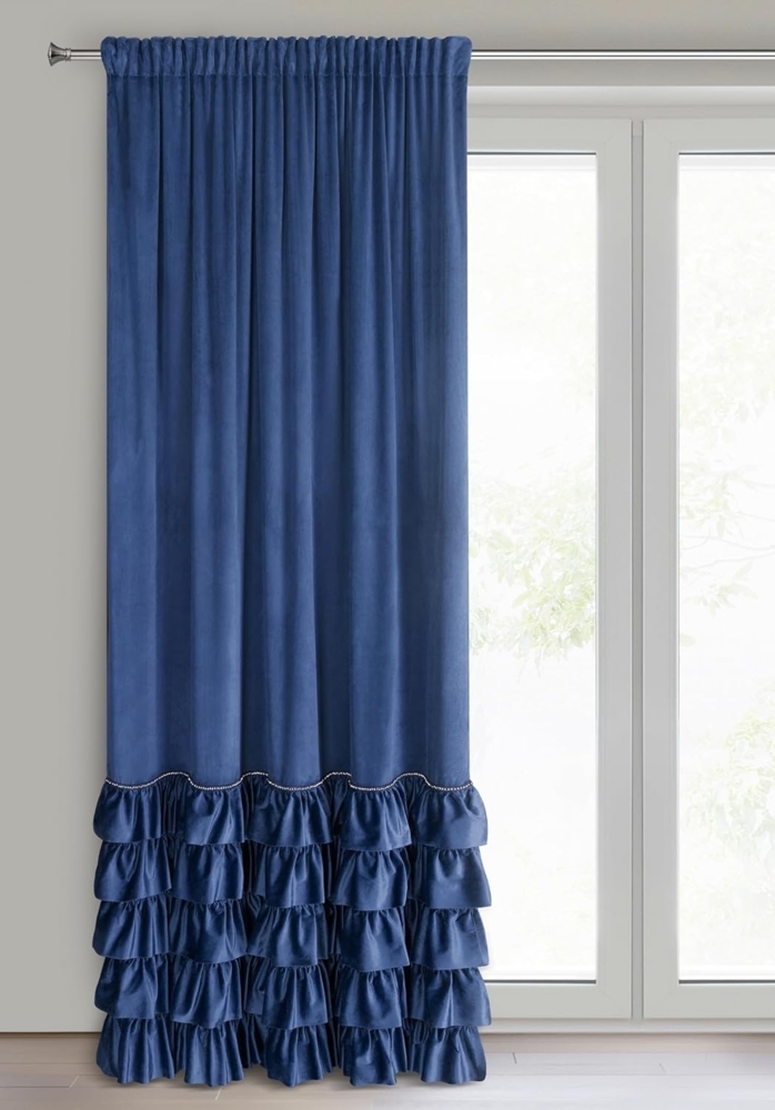 Vorhang CARLI mit Rüsche Velours Samtvorhänge dunkelblau 140x250 cm Kräuselband Bild 1
