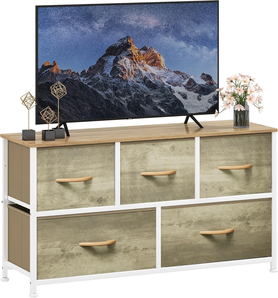 DWVO Kommode mit 5 Schubladen, Schrank aus Stoff mit Griffen, Metallgestell & MDF-Holzplatte, langlebig, für Schlafzimmer & Wohnzimmer,Helle Holzmaserung Bild 1