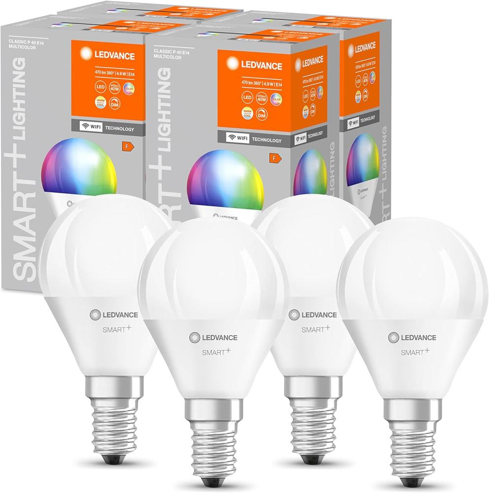 LEDVANCE Smarte LED-Lampe mit WiFi Technologie, Sockel E14, Dimmbar, Lichtfarbe änderbar (2700-6500K), RGB Farben änderbar, ersetzt Glühlampen mit 40 W, SMART+ WiFi Mini Bulb Multicolour, 4er-Pack Bild 1