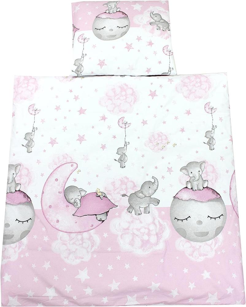 TupTam Unisex Baby Wiegenset 4-teilig Bettwäsche-Set: Bettdecke mit Bezug und Kopfkissen mit Bezug, Farbe: Mond mit Elefant/Rosa, Größe: 80x80 cm Bild 1