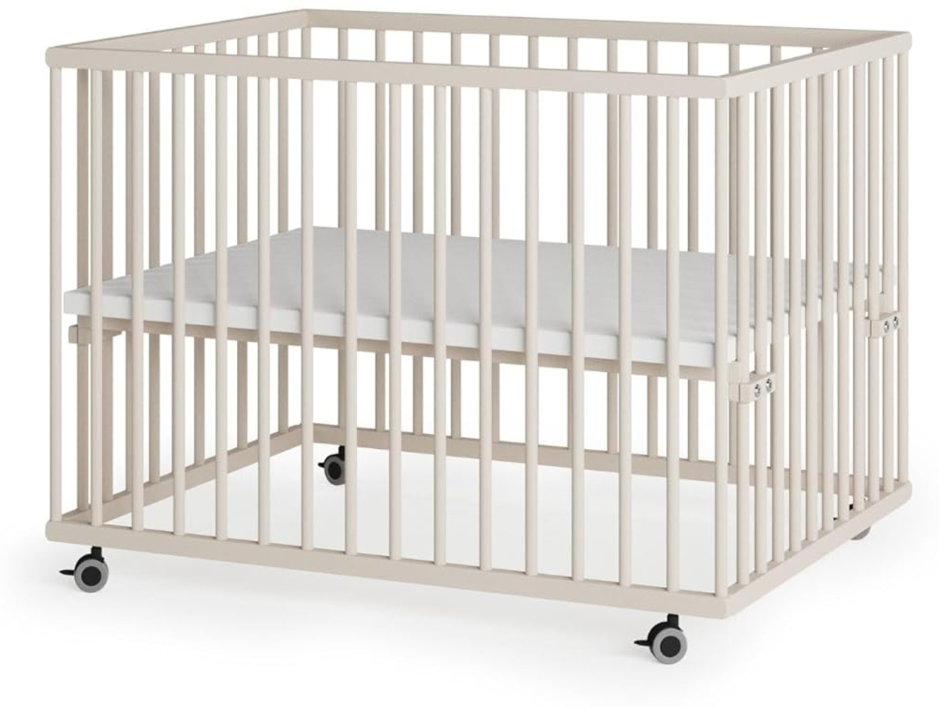 Sämann Laufstall Baby mit 3 Schlupfsprossen | TÜV geprüft | stufenlos höhenverstellbar | Laufgitter Premium | Babybett aus Holz | Krabbelgitter (sahara dust, 75x100 cm) Bild 1