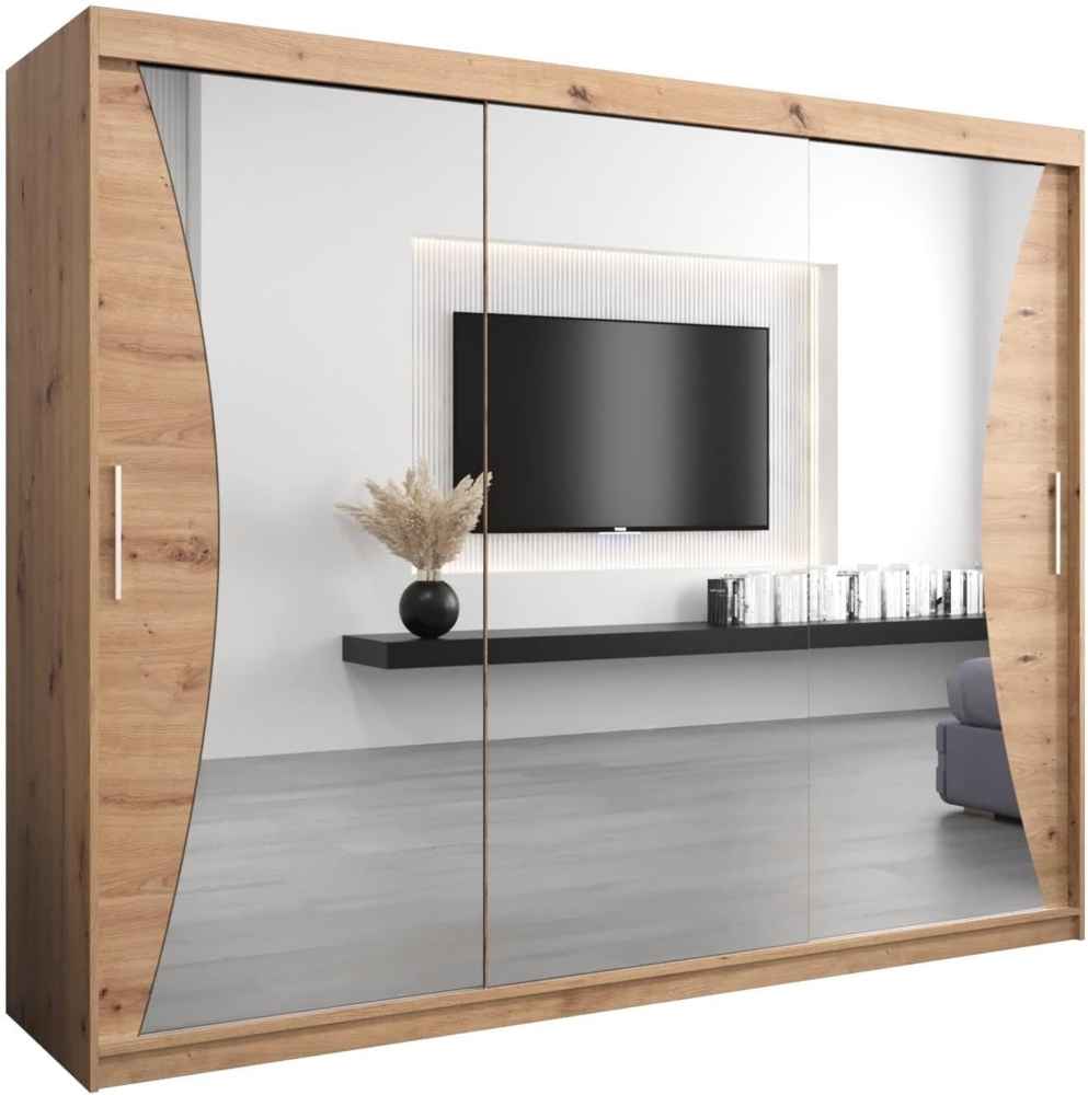 Kryspol Schwebetürenschrank Monaco 250 cm mit Spiegel Kleiderschrank mit Kleiderstange und Einlegeboden Schlafzimmer- Wohnzimmerschrank Schiebetüren Modern Design (Artisan Eiche) Bild 1