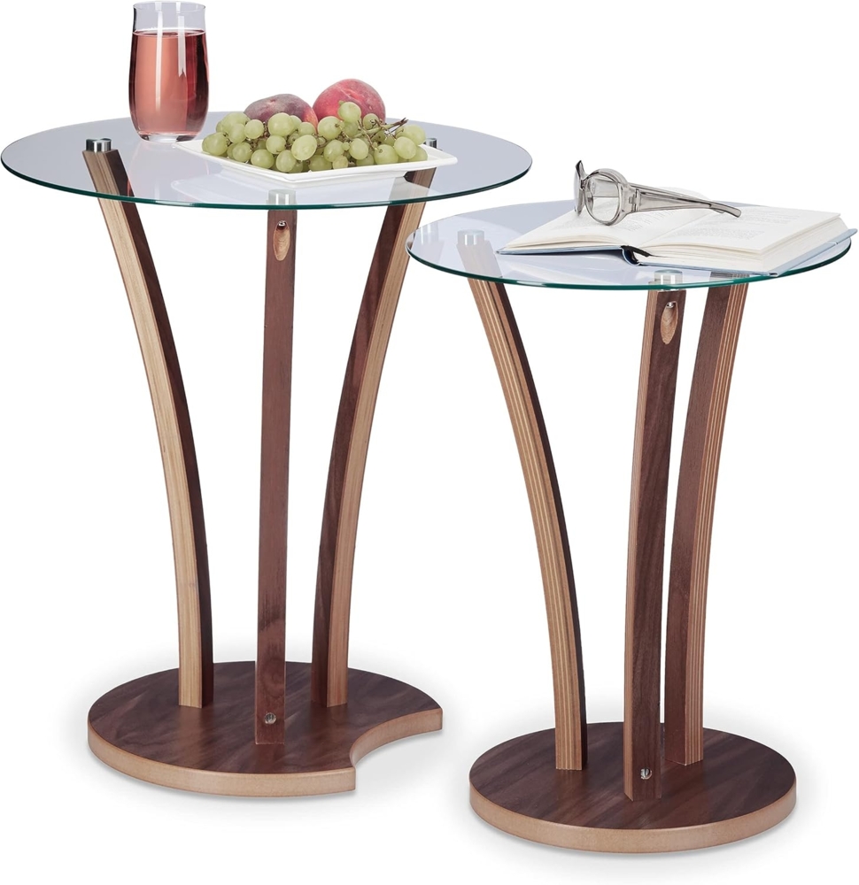 Relaxdays Beistelltisch rund 2er Set, Glastisch mit Holzbeinen, 2 kleine Satztische, modernes Design, 2 Größen, natur Bild 1