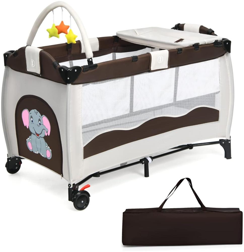 COSTWAY Reisebett klappbar Babyreisebett Kinderreisebett mit Rollen Babybett Kinderbett inkl. Spielbogen Tragetasche Wickelauflage Braun Bild 1