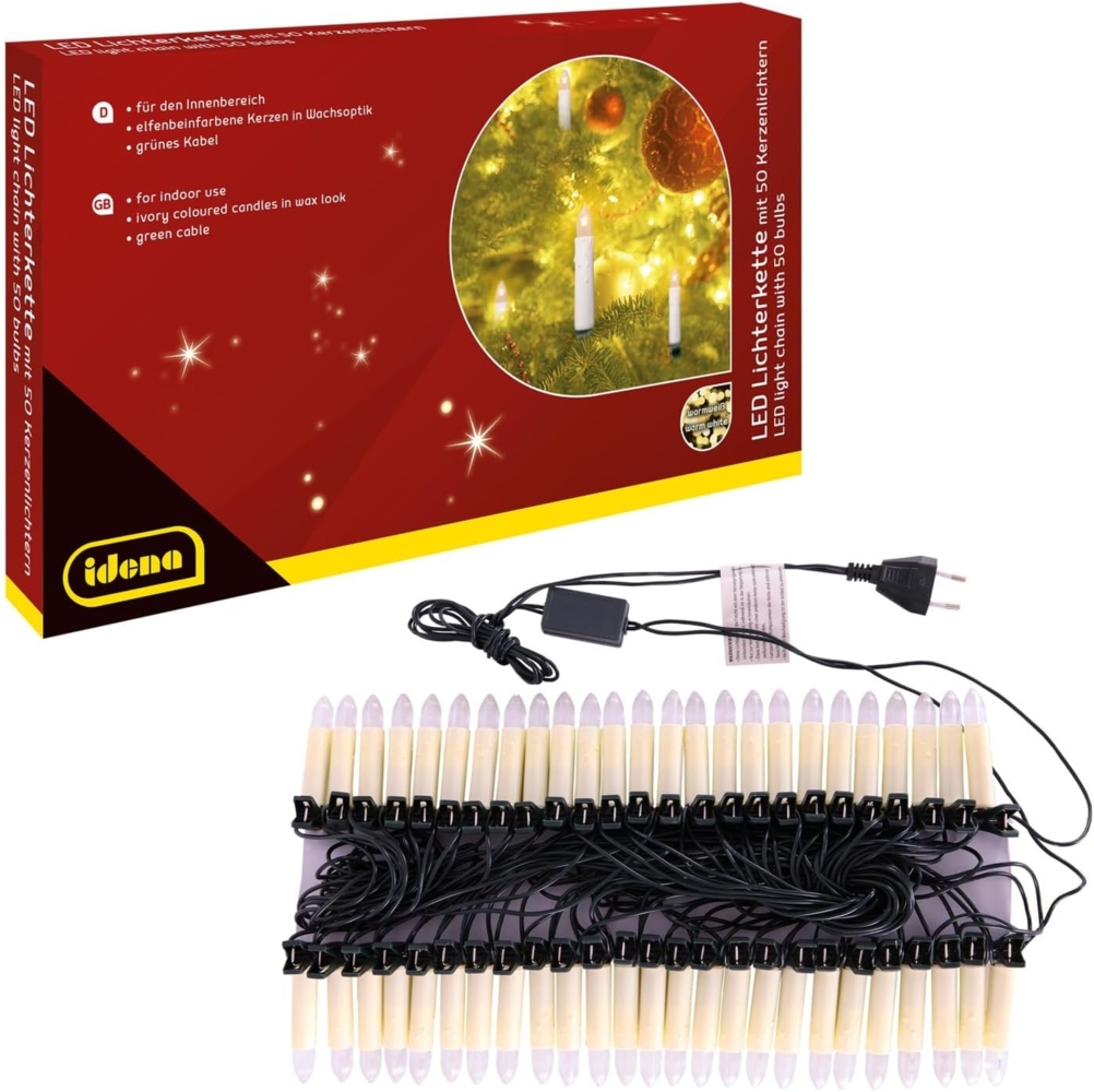 Idena 31839 - LED Lichterkette mit 50 Kerzenlichtern, elfenbeinfarbene Kerzen mit Befestigungs-Klemmen, ca. 26 m lang, Deko für Innen, Weihnachtsdeko und Beleuchtung für den Weihnachtsbaum Bild 1