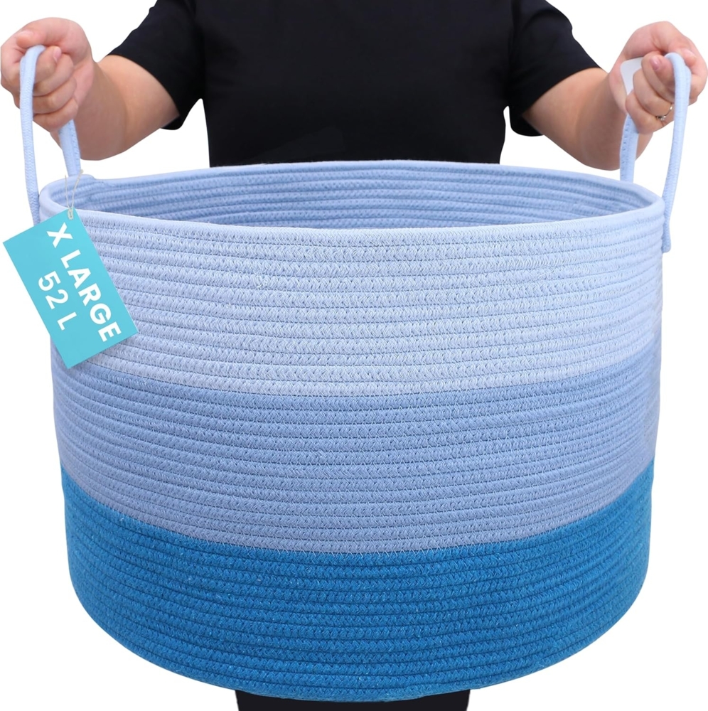 OrganiHaus Korb Aufbewahrung | Wäschekorb Geflochten | Korb Decken | Wäschekorb Groß | Spielzeugkorb | Korb Groß | Korb Kinderzimmer | Spielzeug Korb | Aufbewahrungskorb Groß 50x33 - Blau Bild 1