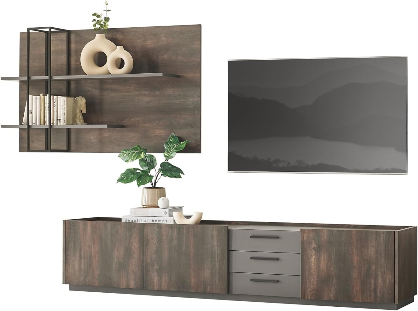 Wohnwand Piano in Eiche und grau 2-teilig 316 cm Bild 1