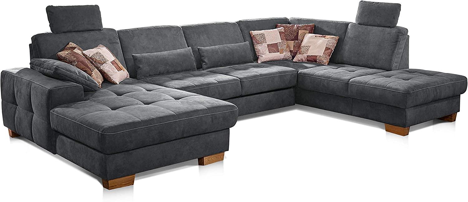 CAVADORE Wohnlandschaft Puccino mit Federkern, Sitztiefenverstellung und 2 Kopfstützen / Sofa in U-Form im Landhausstil / 340 x 86 x 224 cm / Mikrofaser grau Bild 1