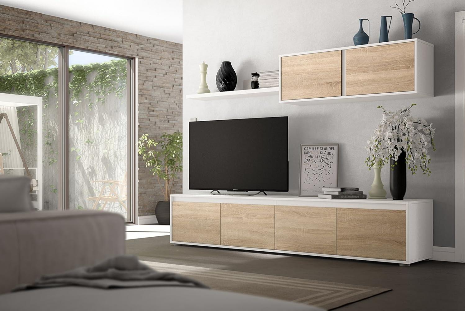 Dmora Wohnzimmer TV-Ständer mit vier Türen, mit Hängeschrank und Regal, Farbe kanadische Eiche und Artikweiß, Maße TV-Ständer 200 x 43 x 41 cm Hängeschrank 105 x 35 x 29 cm Regal 95 x 3 x 21 cm Bild 1