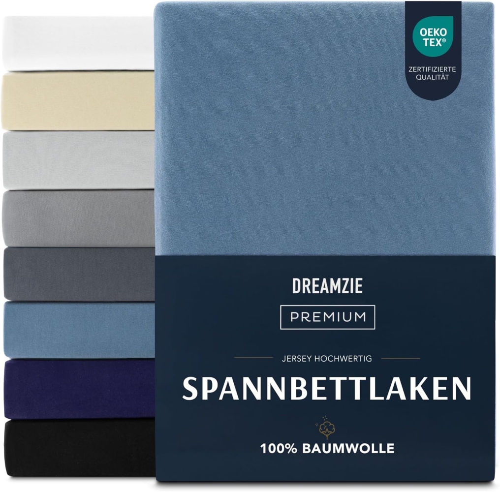 Dreamzie Premium Spannbettlaken 120x200 cm, Spannbetttuch für Dicke Matratzen bis zu 22 cm, Bettlaken 100% Jersey Baumwolle, 150 g/m², Oeko-TEX Zertifiziert - Blau Bild 1