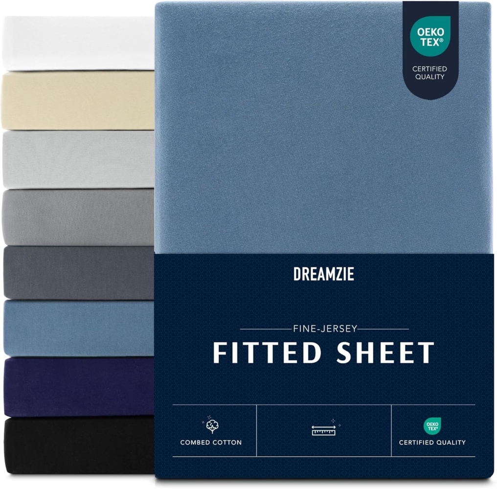Dreamzie Premium Spannbettlaken 120x200 cm, Spannbetttuch für Dicke Matratzen bis zu 22 cm, Bettlaken 100% Jersey Baumwolle, 150 g/m², Oeko-TEX Zertifiziert - Blau Bild 1