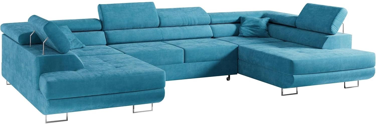 Ecksofa, Wohnzimmer U Couch, Polstersofa mit Bettkasten - GUSTAW-U - Hellblau Velours Bild 1