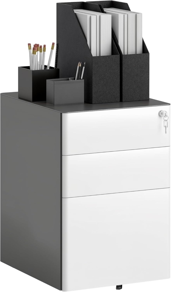 Vinsetto Rollcontainer mobiler Aktenschrank mit 3 Schubladen, (abschließbarer Büroschrank mit Hängeregistratur, 1 St, Aufbewahrung, Stahl), 39 x 48 x 59 cm, Weiß+Grau Bild 1