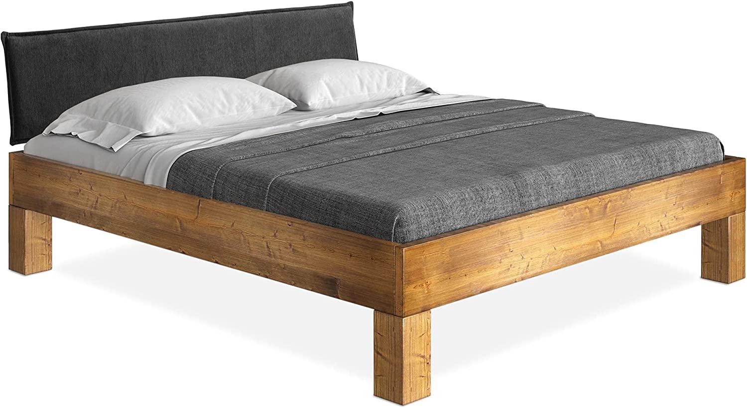 Möbel-Eins CURBY 4-Fuß-Bett mit Polster-Kopfteil, Material Massivholz, rustikale Altholzoptik, Fichte vintage 180 x 220 cm Standardhöhe Stoff Anthrazit ohne Steppung Bild 1