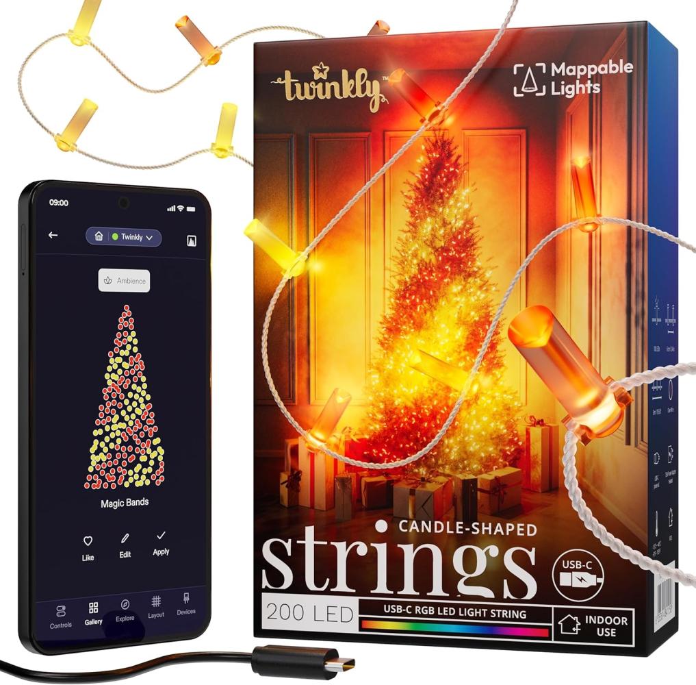 Twinkly Strings Candle 200 LED, LED-Lichterkette in Kerzenform, RGB LED-Lichter Mehrfarbig, Kompatibel mit Alexa & Google Home, Gaming-Lichter, Stromversorgung über USB-C, Transparentes Kabel, 2 x 6m Bild 1