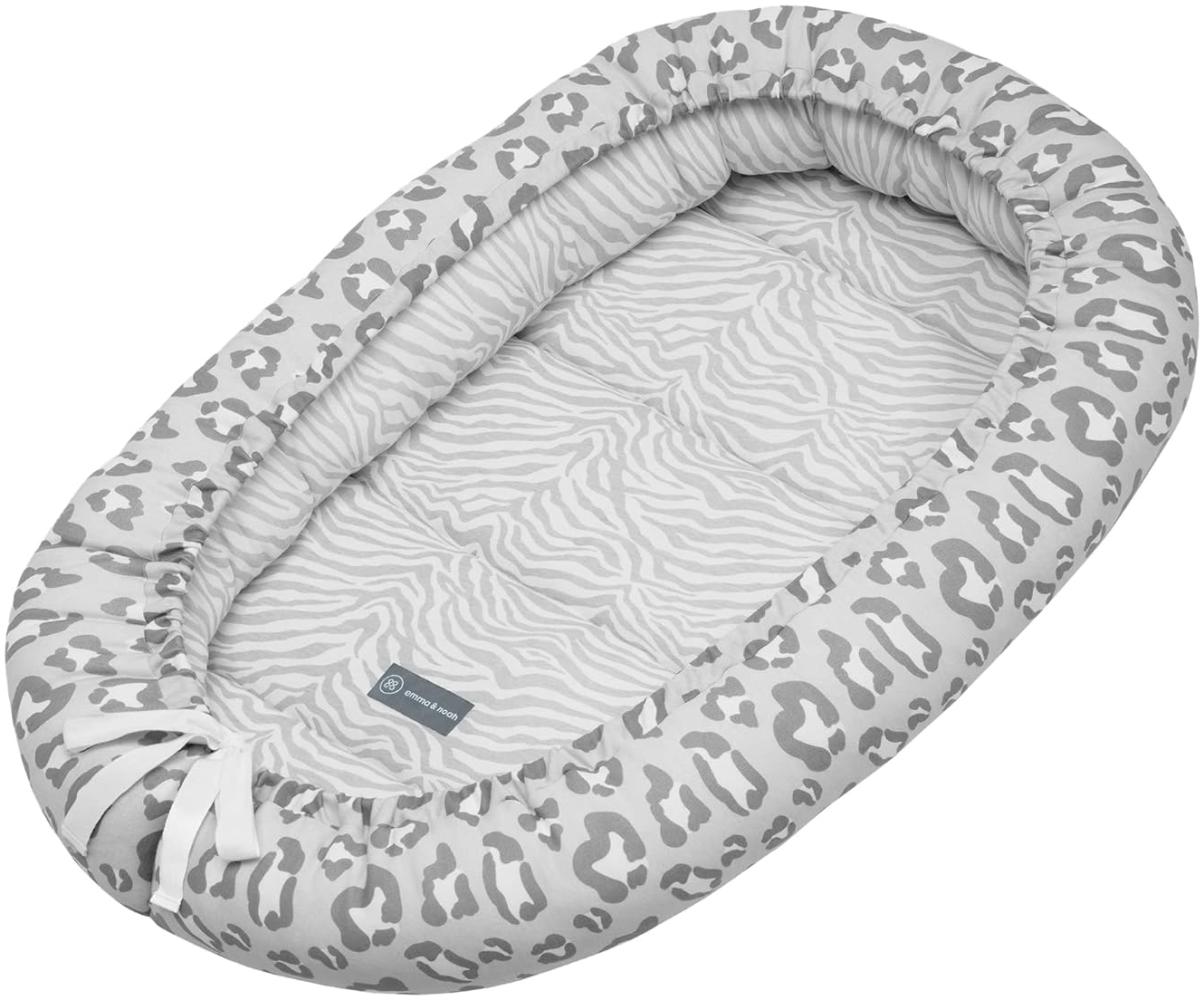 emma & noah Premium Babynest, Babynestchen Neugeborene, Bio-Baumwolle, 90x55 cm, Extra Weich Gepolstert, OEKO-TEX - Frei von Schadstoffen, Hochwertige Verarbeitung (Leo Grau) Bild 1