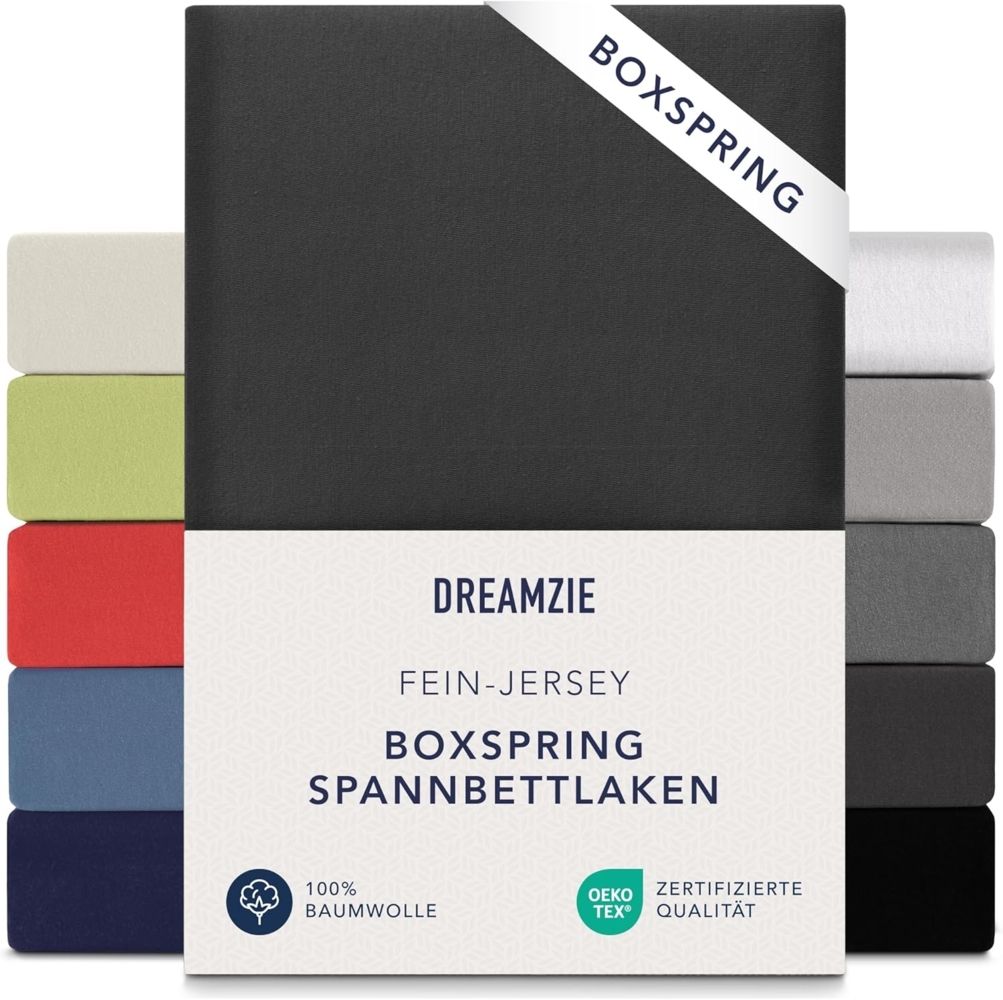 Dreamzie Premium Spannbettlaken 140x200 cm - 160x200 cm - 37cm Seitenhöhe - auch für Boxspringbett & Wasserbett - Bettlaken Boxspringbett 100% Jersey Baumwolle, 150 g/m² - Oeko-TEX - Dunkelgrau Bild 1