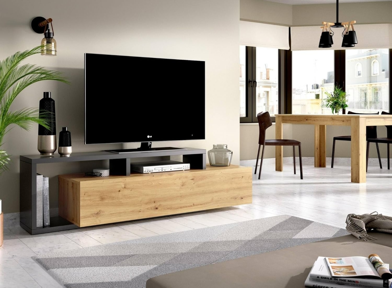 Dmora - TV-Ständer Maiella, niedriges Sideboard für Wohnzimmer, Sideboard für Wohnzimmer für Fernseher, 165 x 40 x 47 cm, Eiche Nodes und Anthrazit Bild 1