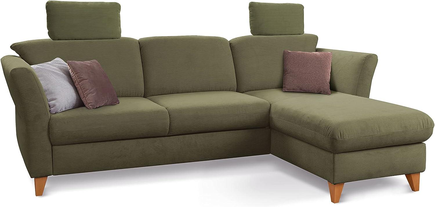 CAVADORE Ecksofa Trend / Skandinavische Eckcouch mit Federkern, Longchair und 2 Kopfstützen / 249 x 86 x 162 / Cord, Olive Bild 1